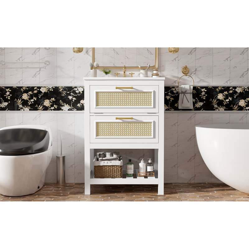 Meuble-lavabo de salle de bain 24 po avec lavabo en céramique, peu encombrant et élégant, rangement spacieux, montage sur robinet de 4 po, montage facile