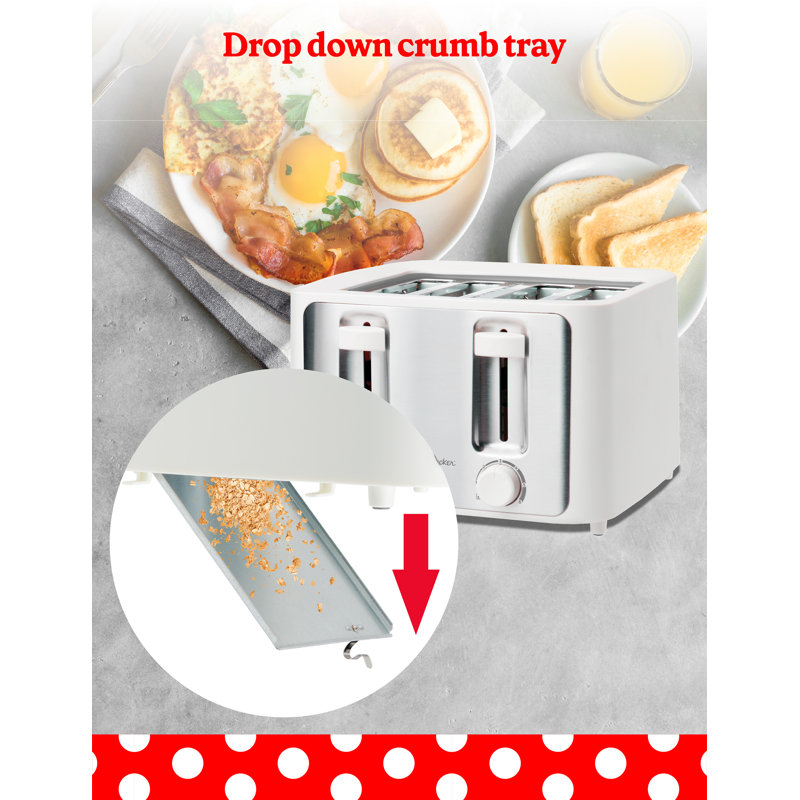 Betty Crocker 4-Slice Toaster, 1500W, Variable Toast Shade Control Dials, High Lift Feature, Cool Touch Housing, Bread Centering Guides, Drop Down Crumb Tray, BC-5635W, White