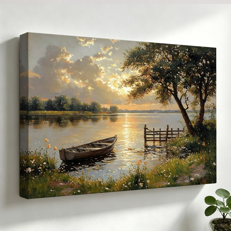 Framed Canvas Wall Art - Impressionist Lakeside Dusk with Boat, Sunset Landscape - 20" x 30" for Living Room and Bedroom