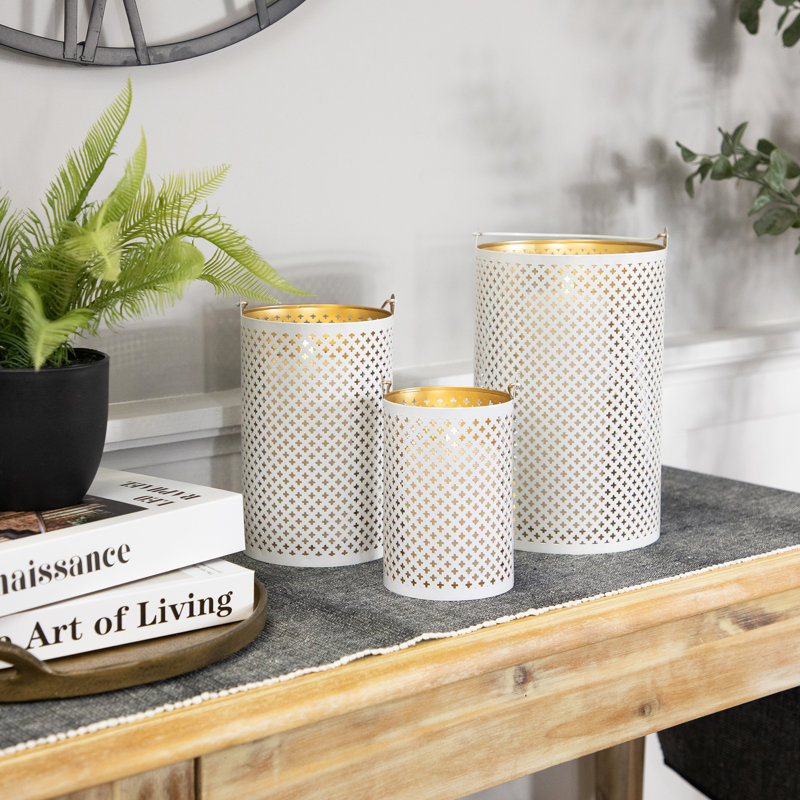 Iron Mesh Candle Holders With Handles - 10" - Gold Finish - Set Of 3, White