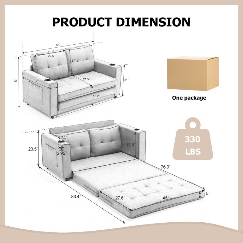 55'' Convertible Upholstered Sleeper Sofa Bed With Side Pockets And Cup Holder, Light Gray