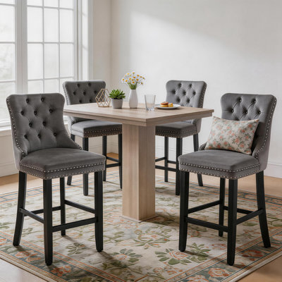 Velvet Upholstered Bar Stool with Button Tufted Back (Set of 4)