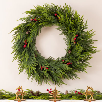 30" Oversized PE Dripping Christmas Wreath – with Pinecones & Red Berries