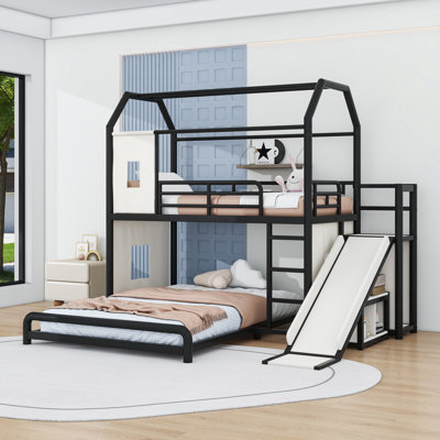 Lit superposé en métal avec glissière intégrée, bande lumineuse à DEL, tablettes de rangement et tringle