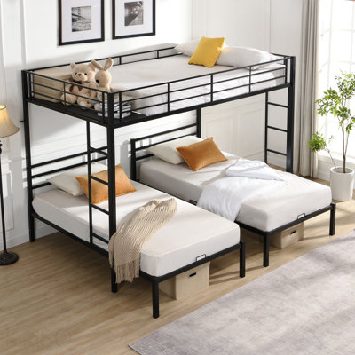 Lit double superposé au-dessus d'un lit simple au-dessus d'un lit simple, lit superposé triple avec échelle verticale, lit superposé à structure en métal avec barrière de sécurité, lit superposé double au-dessus d'un lit simple au dessus d'un lit simple
