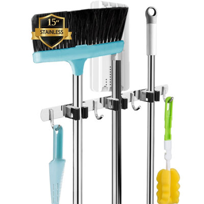 3 Racks And 4 Hooks Broom And Mop Holder Wall Mounted Garage Organizer Storage Tool Racks Stainless Steel Heavy Duty Hooks Self Adhesive Solid Non-Slip Wall Hangers For Home Kitchen Garden Laundry