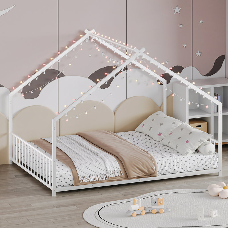 Children's Bed Frame with LED Light Strips, White, Full / Double