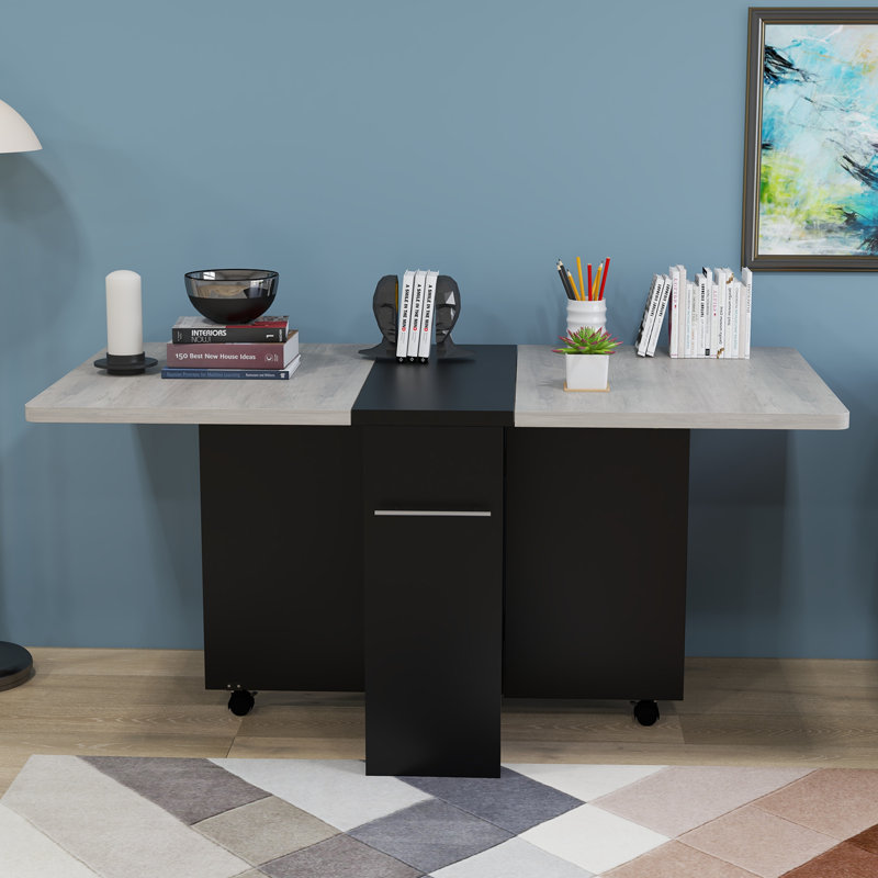 Table de salle à manger pliante polyvalente avec abattant - étagère de rangement à 2 niveaux - 6 roulettes pour faciliter le déplacement - table de cuisine pliante peu encombrante - gris Carlo