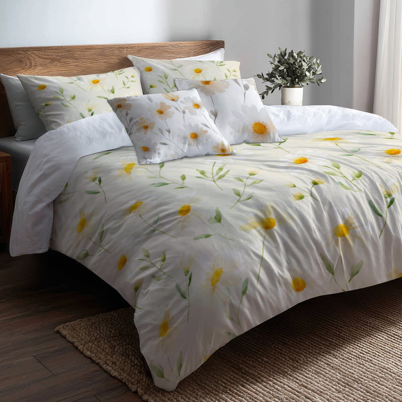 Ensemble de housse de couette Floral 5 pièces - Housse de couette et coussin décoratif jaune