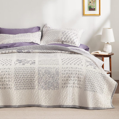 Ensemble de courtepointe patchwork grand - ensemble de literie beige et gris, 3 pièces, couvre-lit léger, couvre-lit en microfibre à imprimé floral rétro et 2 taies décoratives pour toutes les saisons (90 po x 96 po)