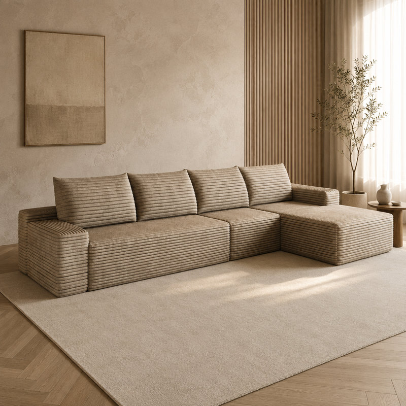 Canapé modulaire en L Camel, assise profonde, tissu velours côtelé, sans assemblage, pour le salon, la chambre à coucher