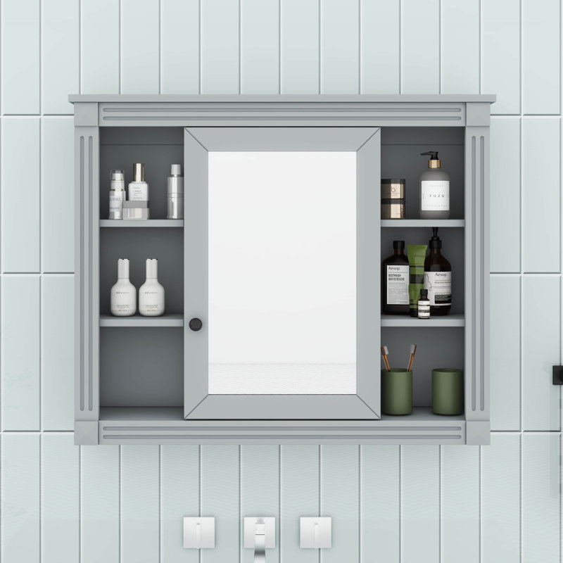 Armoire de rangement murale 35 po x 28 po, armoire de salle de bain moderne en bois avec miroir, armoire de rangement avec 6 tablettes ouvertes