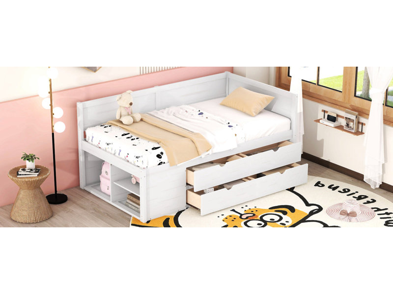 Lit de jour avec tiroirs et tablettes, Lit simple, Blanc