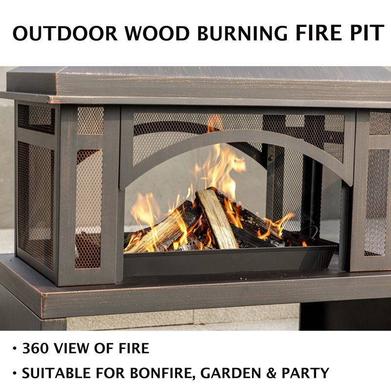 39Inch Outdoor Wood Burning Fire Pit Fireplace with Log Rack