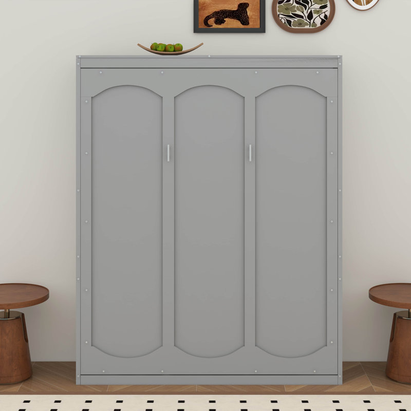 Grand lit escamotable mural avec tablettes, Gris