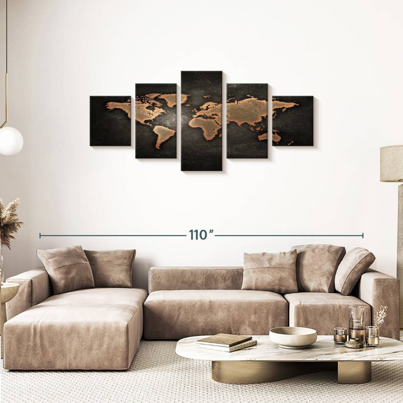 Carte du monde en cuivre sur toile, ensemble de 5 pièces, H 74 po x l 34 po x P 1,25 po