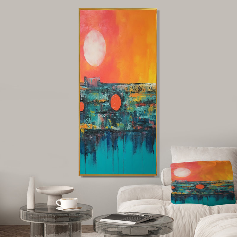 «Minimalisme, coucher de soleil bleu Étreinte I», art mural minimalisme, Cadre flottant doré, H 60 po x l 28 po x P 1,5 po