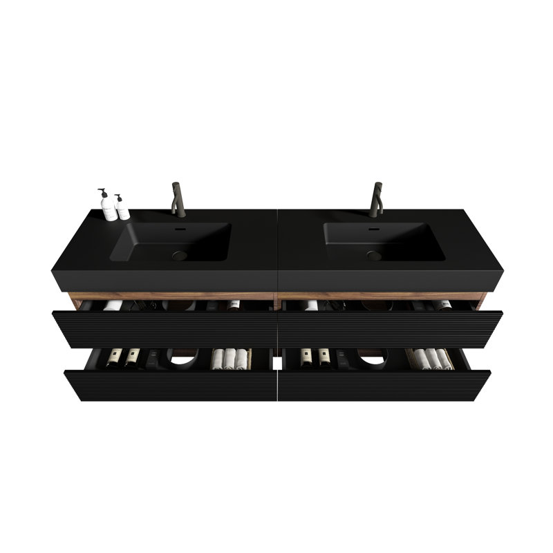 Meuble-lavabo moderne avec deux lavabos doubles de 72 pouces, tiroirs noirs doux, panneau de grille, épissage de couleur noyer, panneaux de qualité E1, laque à base d'eau E0, comptoir, lavabo en granit intégré, trop-plein