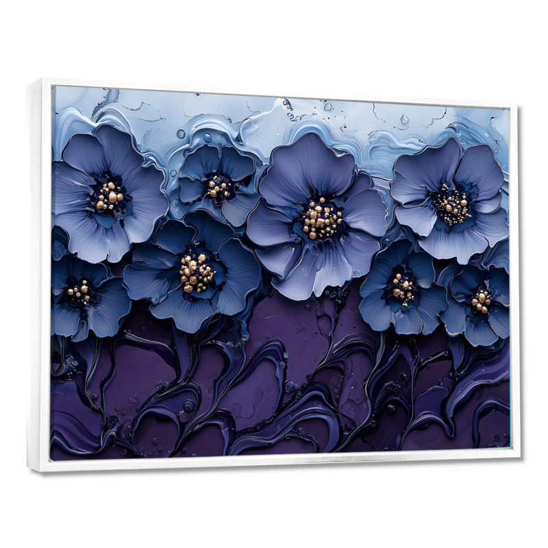 «Aqua Blue Poppies Dreamscape At Night II», art mural coquelicots, H 34 po x l 44 po, Cadre flottant blanc