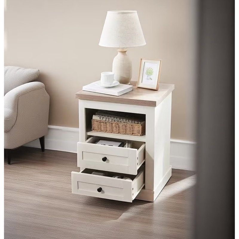 Table d'appoint en bois rustique avec 2 tiroirs, blanc antique pour la chambre à coucher et le salon
