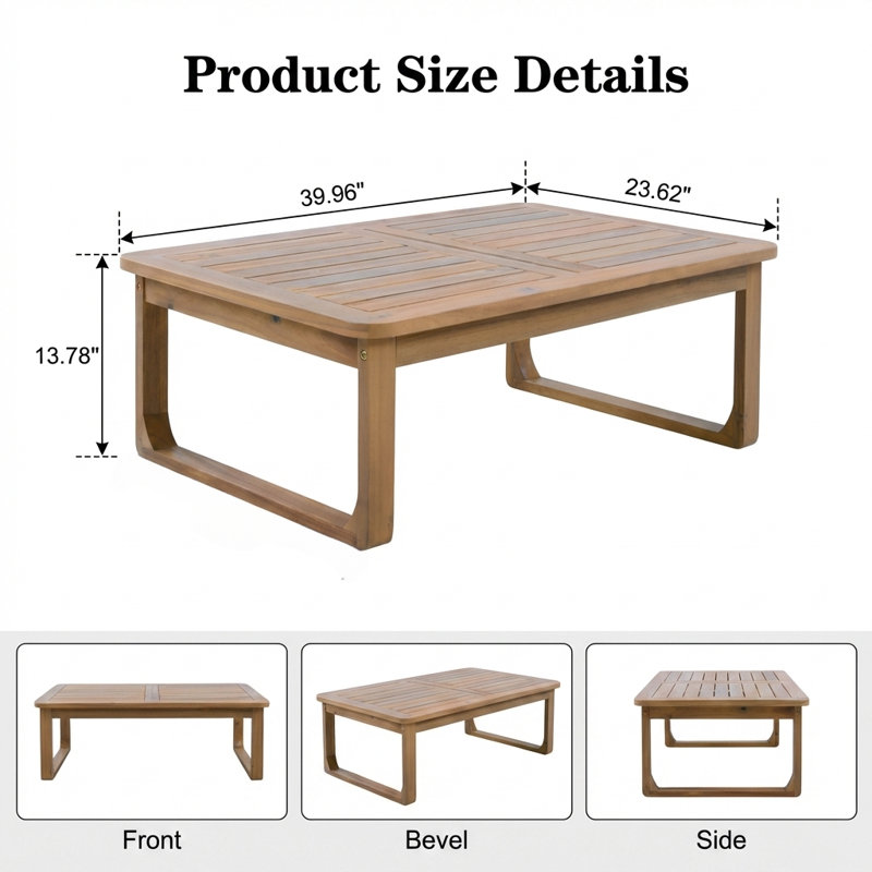 Table basse d'extérieur rectangulaire avec pieds incurvés, fabrication en bois massif durable et résistant aux intempéries, design minimaliste moderne