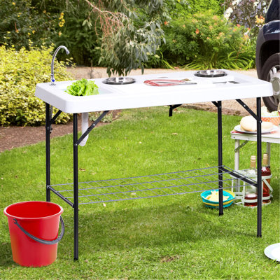 Table pliante pour filet de poisson avec évier, table de camping portable et acier, tuyau de robinet, accessoires de nettoyage, 50 po, capacité de poids de 220 lb et ensemble d'accessoires de drain, 50 po pour les explorateurs extérieurs