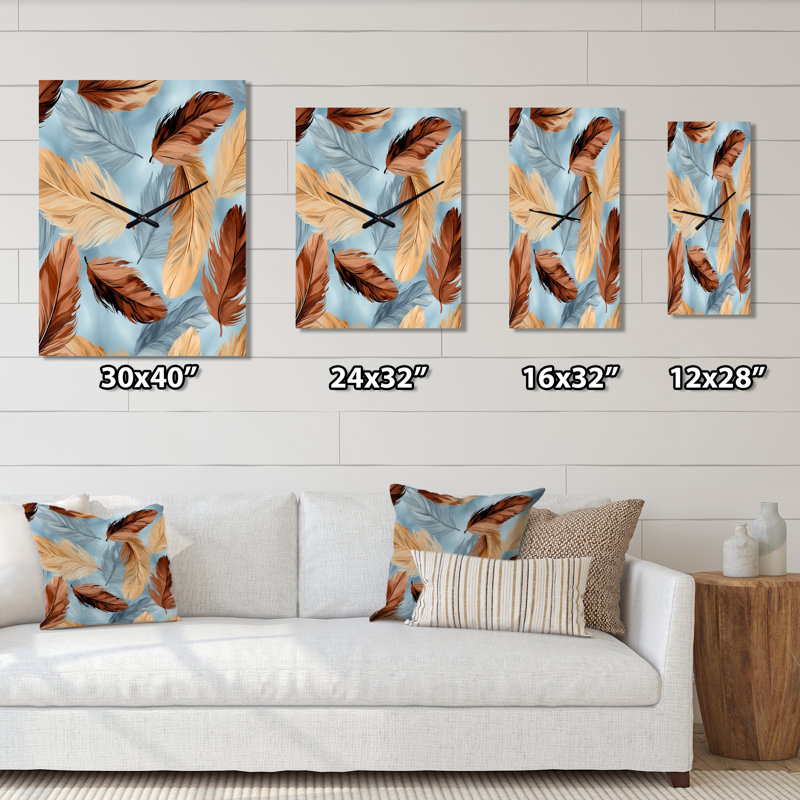 Retro Boho Feathers In Blue And Orange II - Feathers Very Large Wall Clocks, Grand