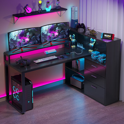 L Shaped Desk With Bookshelf and  Drawer, Corner Desk with LED Lights