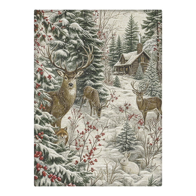Tapis lavable à poils courts gris / vert Winter Deer & Lodge, Rectangulaire 8 pi x 10 pi