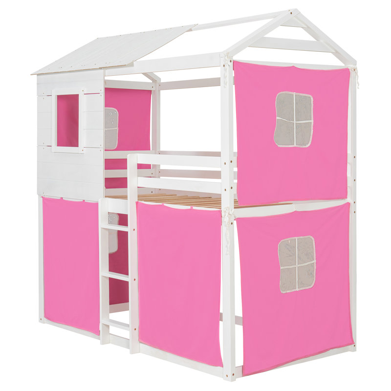 Twin Size Bunk Bed with Tent, Wood Kids Playhouse Loft Bed – Fun Treehouse Design for Bedroom, Pink+White, Pink/White