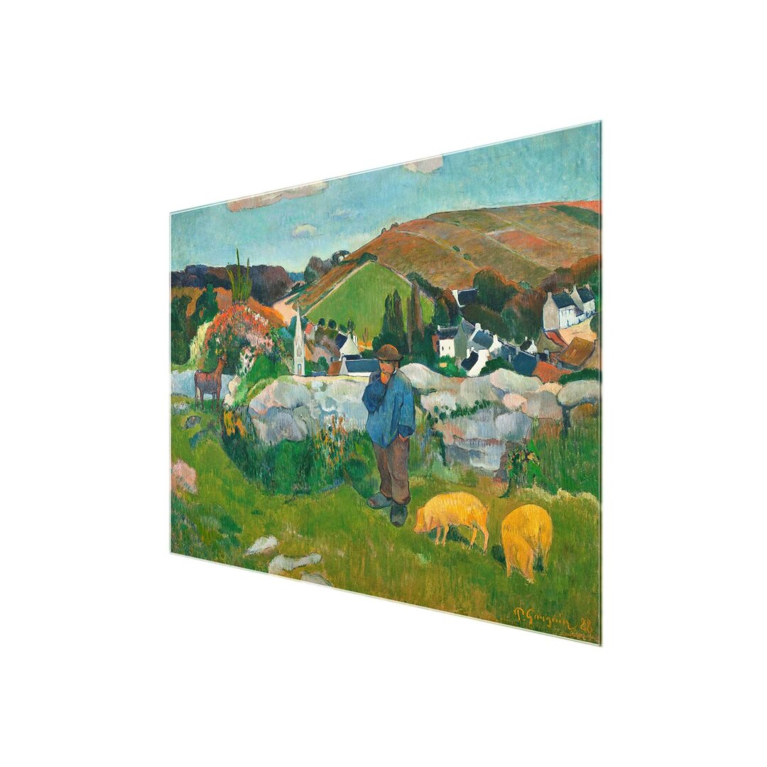 Glasbild Bretonische Landschaft mit Schweinehirt von Paul Gauguin