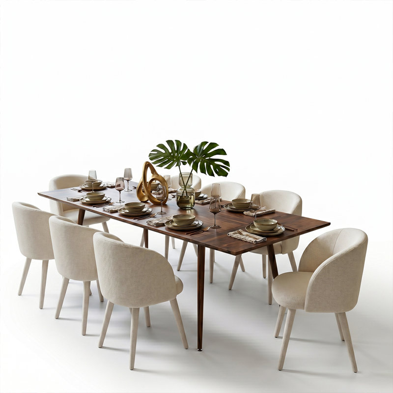 Modern 95" Extendable Dining Table Set with 8 Upholstered Arm Dining Chairs, Beige