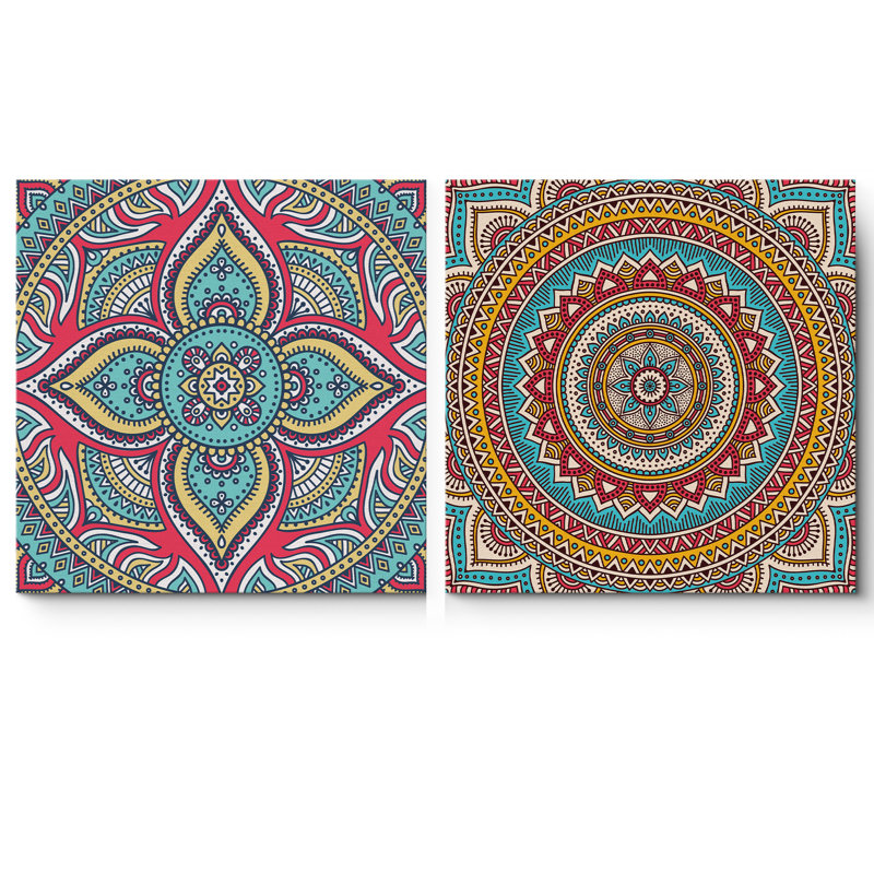 Mandala, variété, exquis, sarcelle rouge, images lumineuses vives, impression sur toile 2 pièces