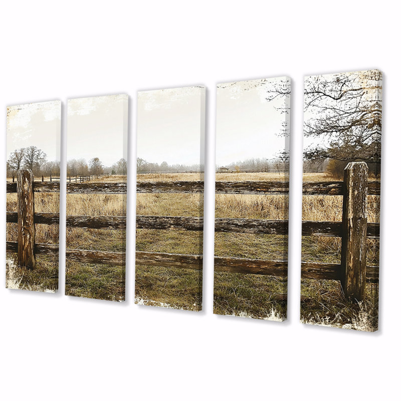 «Gray and Brown Farm Landscape Rustic Fence II», ensemble d'art mural sur toile, H 32 po x l 80 po