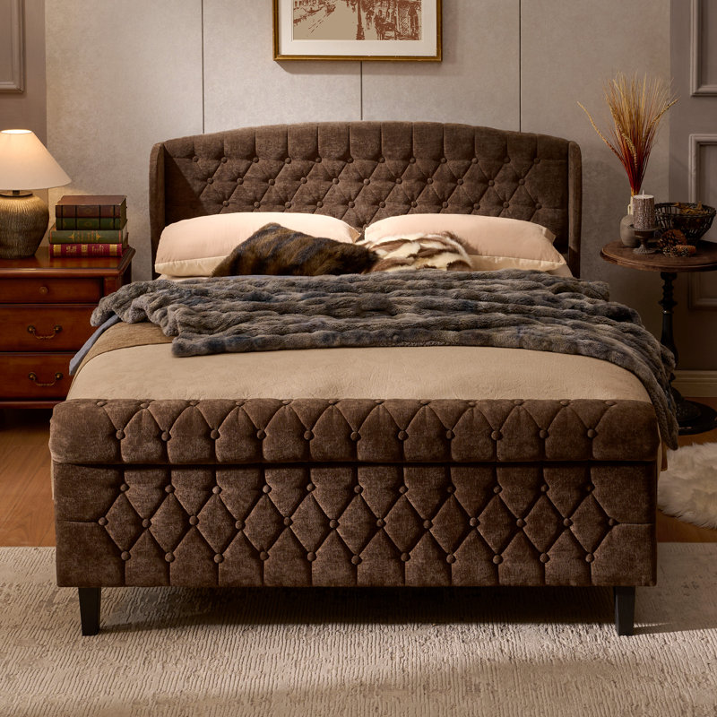 Velvet Upholstered  Bed  with Wingback Headboard, Full / Double