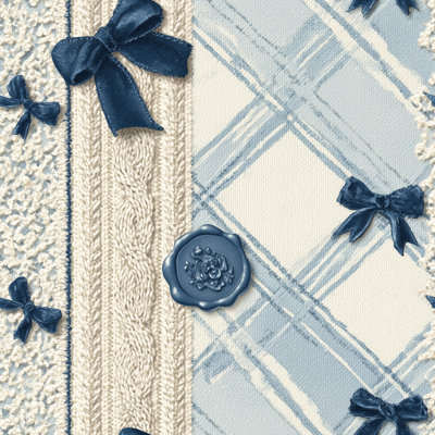 Papier peint à carreaux bleu clair avec ruban bleu marine et nœuds