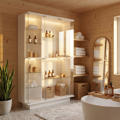 LED Lighted Bathroom Linen Cabinet With Tempered Glass Doors & Glass Shelves, Tall Bathroom Storage Cabinet