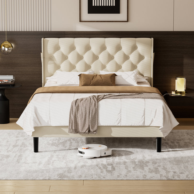 Upholstered Bed Frame with Diamond Button Tufted Headboard, Beige, Double (4'6)