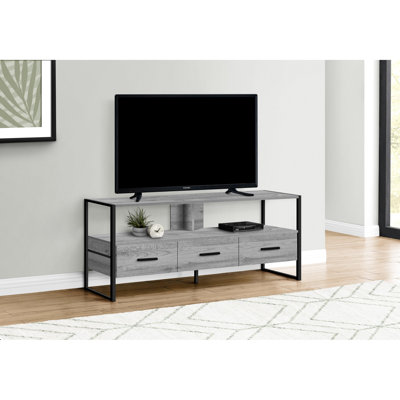 Meuble télé gris de 48 po en stratifié gris, supports en métal noir, rangement pour console multimédia dans le salon et la chambre à coucher, cadre, tiroirs et