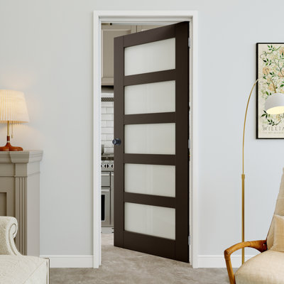 Porte pré-suspendue en verre givré noir 28 po x 80 po à 5 lumières avec bouton rond et charnières argentées, dalle de porte d'intimité en verre, insonorisant et imperméable, combinaison pour la lessive, portes de placard, portes de pièce, droite