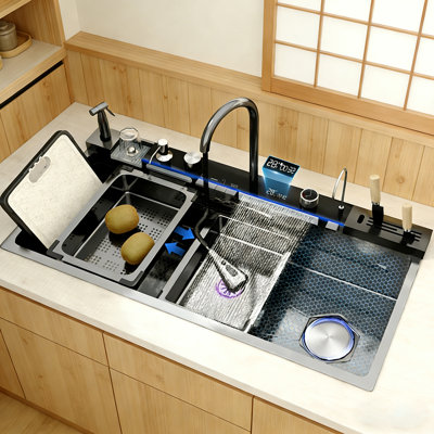 Multifunctional Kitchen Sink 39.4 x 19.7 x 9 Inch Stainless Steel Single Bowl Integrated Digital Display Waterfall Faucet Workstation Sink  with Accessories