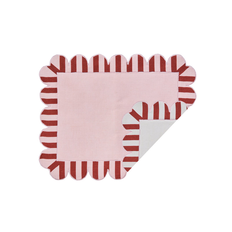Embroidered Linen Scalloped Stripe Double-Sided Placemats, Red