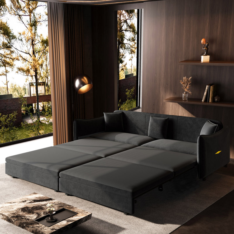 81.9" King Pull Out Sofa Bed,3-in-1 Convertible Sofa Bed with 3 Pillows & Golden Accent Detail Design, Modern Velvet 3-Seater Couch