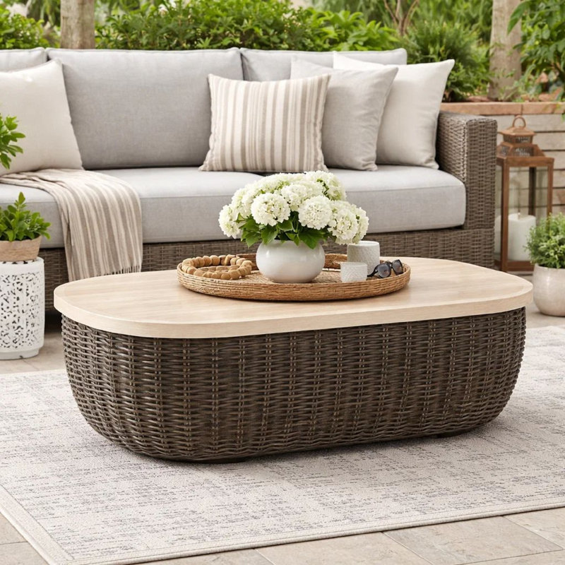 Table basse d'extérieur Kimo, détails en osier brun, 50 po