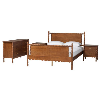 Ensemble de chambre à coucher 4 pièces Baxton Studio Danette Bobbin Wood avec 2 tables de chevet, format Queen