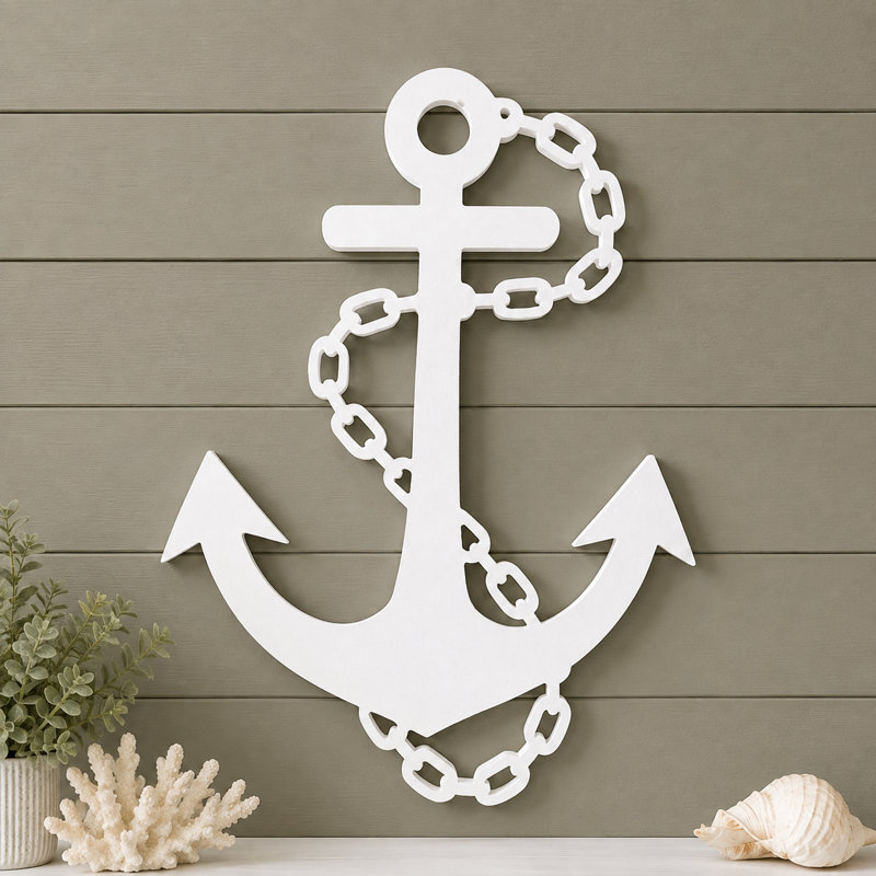 Décoration murale extérieure ancre nautique avec chaîne - PVC résistant aux intempéries - Style bord de mer, 36 pouces