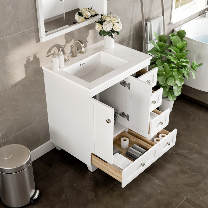 Yena 28"W x 22"D Bathroom Vanity with Undermount Porcelain Sink, White, Quartz - White Carrara