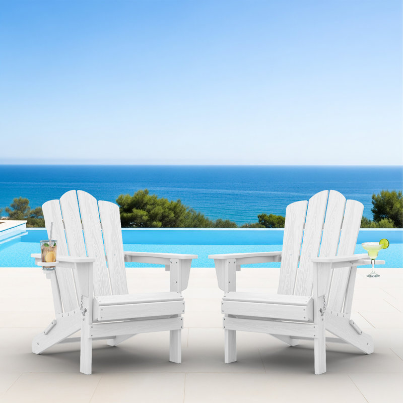 Chaise Adirondack pliante Ayanda en PEHD avec porte-gobelet double (ensemble de 2), Blanc