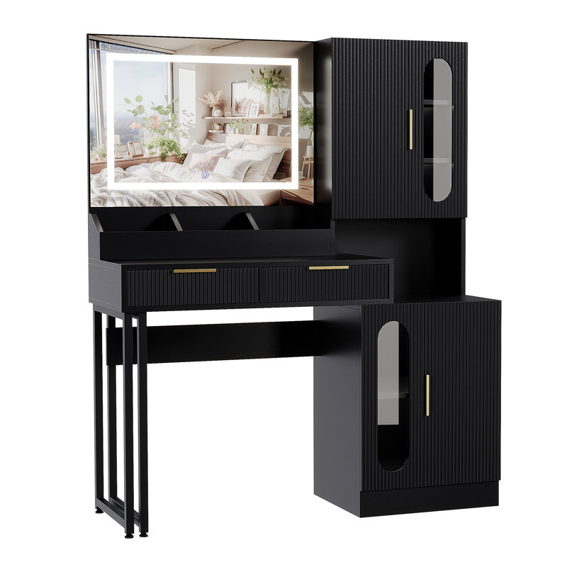 Fluted Makeup Vanity Desk with LED Lighted Mirror, Built-In Charging Station, Drawers & Transparent Storage Cabinets, Black