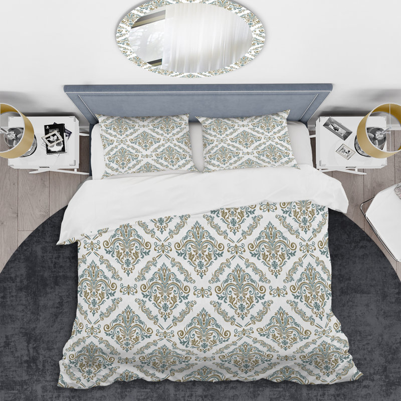 Gris et blanc damassé - ensemble de housse de couette abstrait - microfibre de polyester